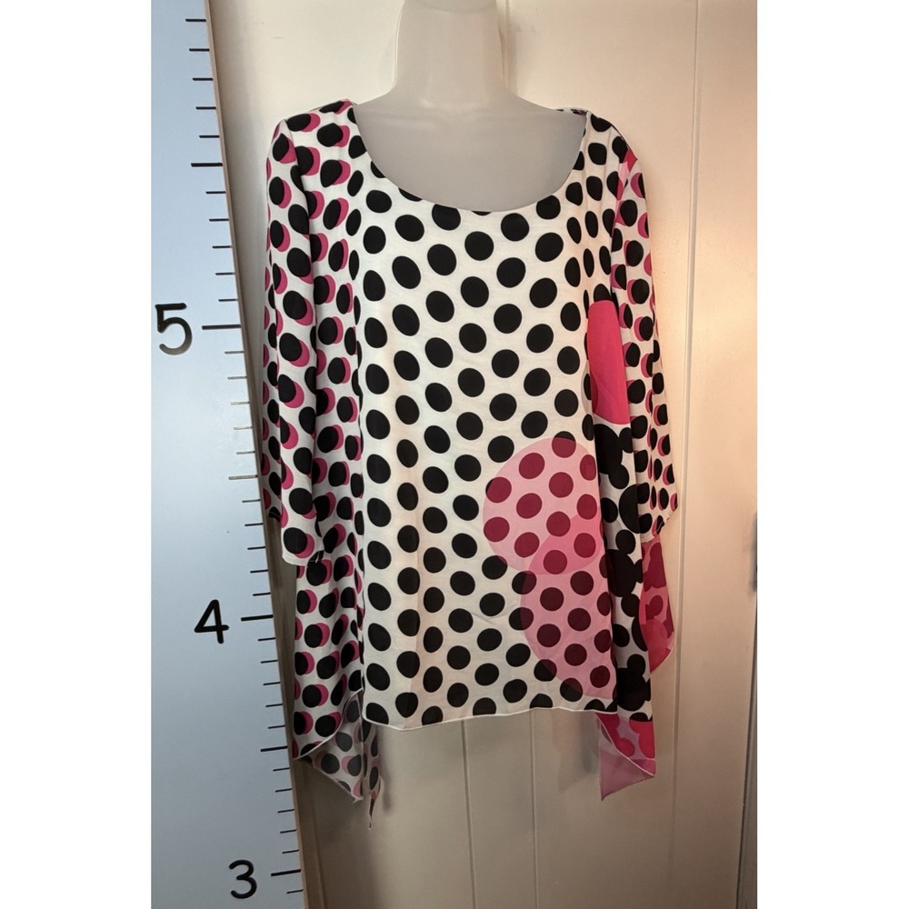 Joseph Ribkoff‎ Top Blouse Womens 8 Pink Black Polka Dot Ruffle Handkerchief Hem